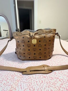 MCM Cognac Visetos Logo Drawstring Crossbody